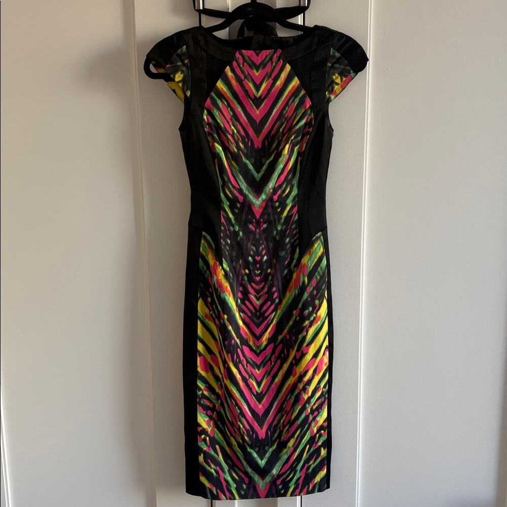 Karen Millen Black Dress with Neon Pink, Yellow and Green Print